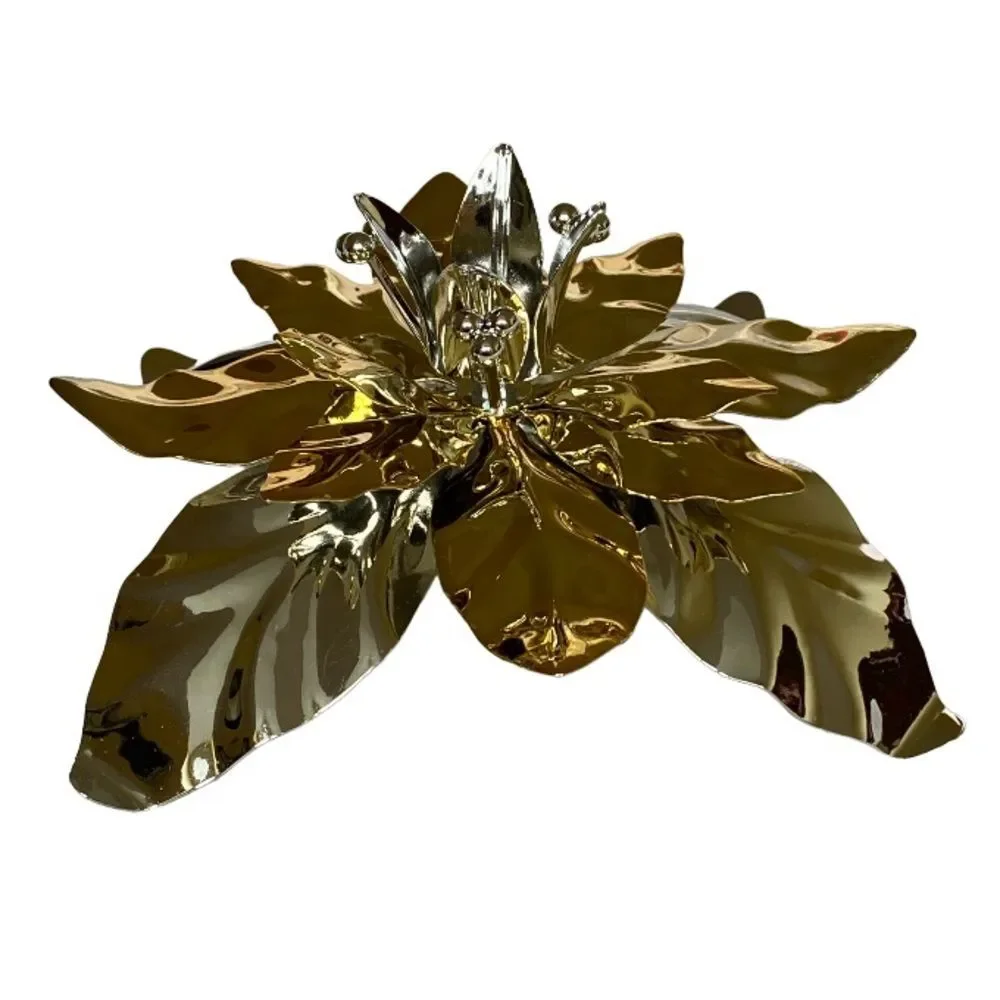 Vintage Department 56 Poinsettia Taper Candle Holder Silver Gold Shinny Finish
